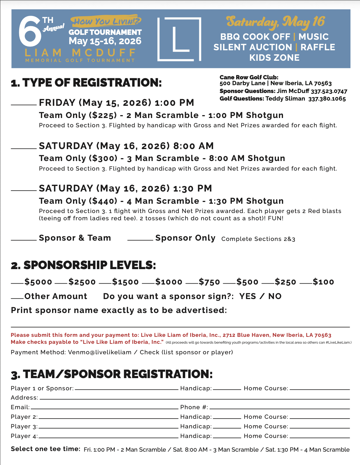 2026 Live Like Liam Golf Tournament Registration Form