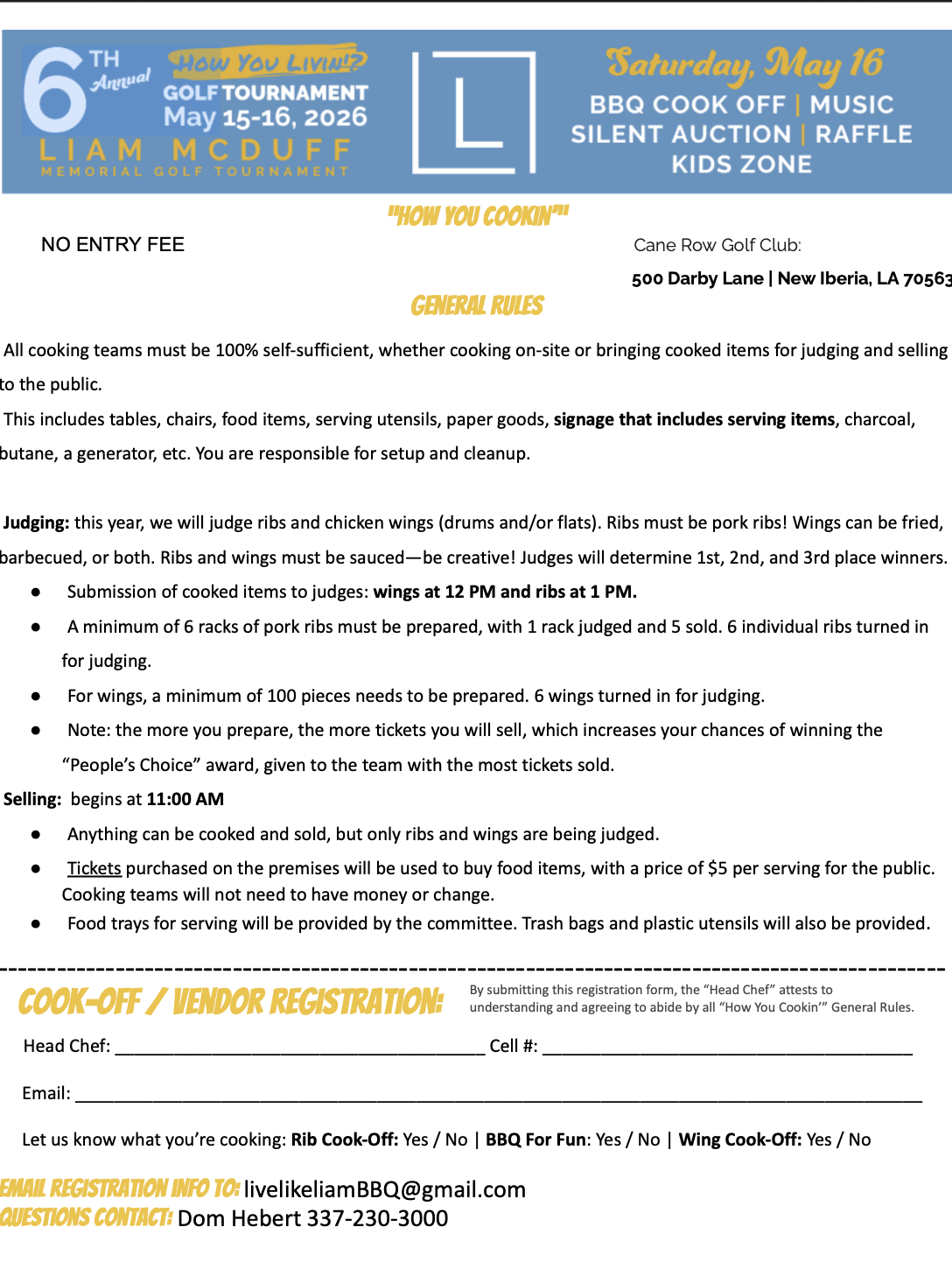 How You Cookin' BBQ Cook-Off Registration Form